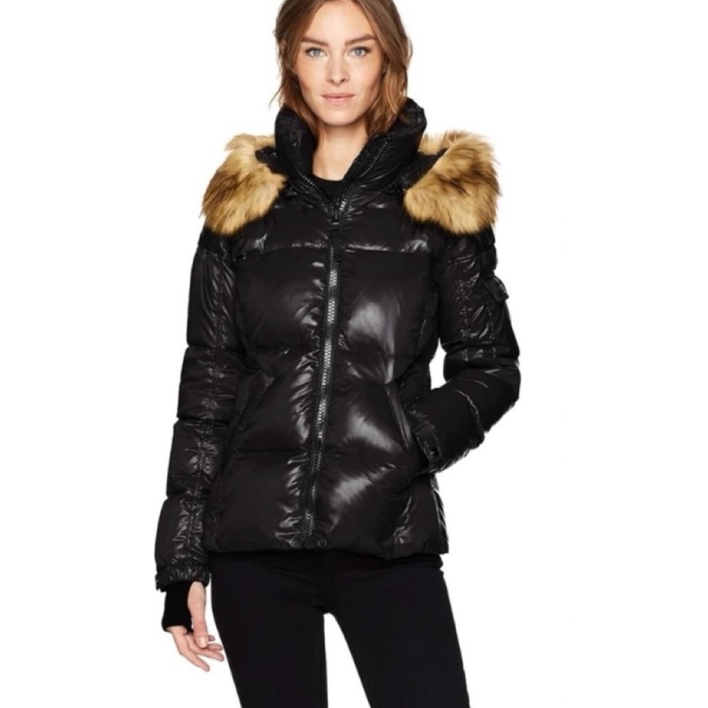 🎄🧑‍🎄 S13 Allie Black Faux-Fur-Trim Hooded Down Puffer Jacket Coat NWT $330 S